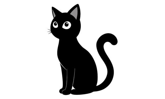 Black Cat Sitting Illustration on White Review