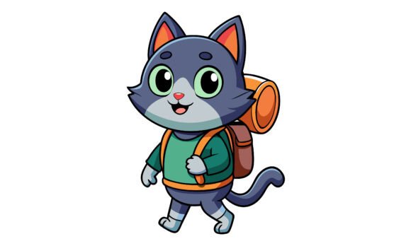 Cartoon Cat Ready for Hiking Adventure